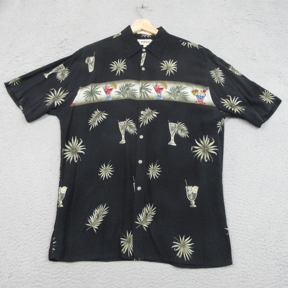 Vintage Cambria Moda Hawaiian Shirt Mens M Black Rayon Cocktail Tiki‎ Aloha Rero